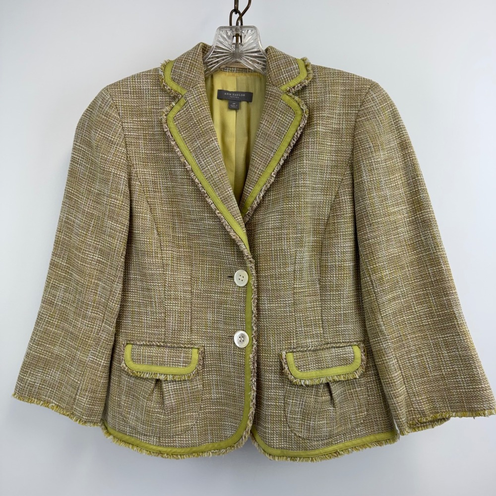 Ann Taylor Jacket Women's 0 Petite Yellow Tweed Linen Blend Blazer Fringe